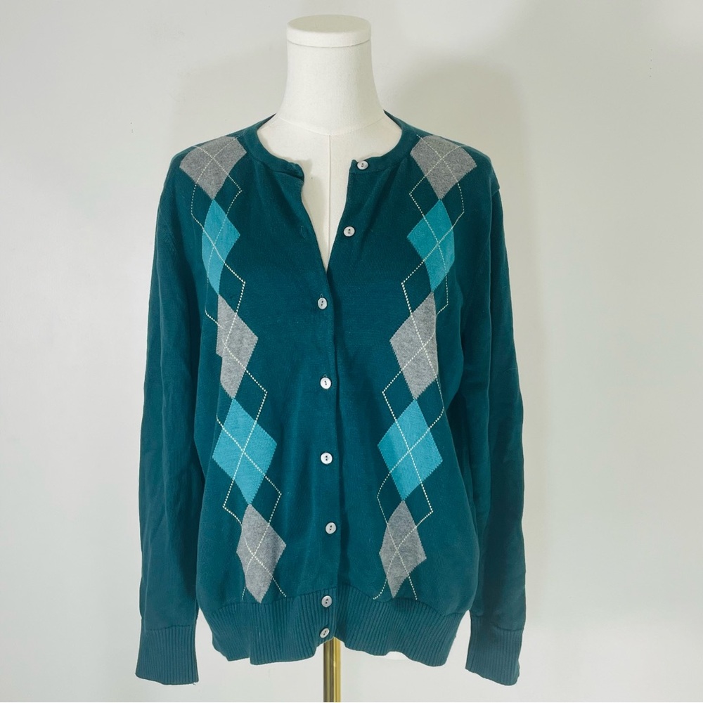Lands’ End Woman’s Argyle Style Green Cardigan Size XL/P Y2K Style